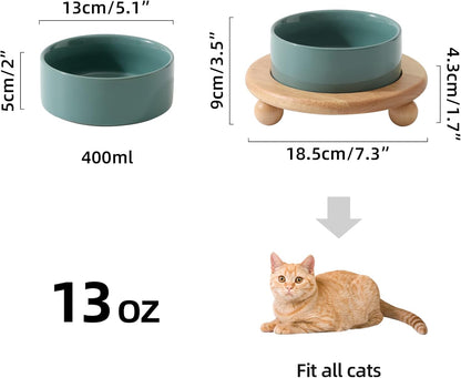 Ceramic Elevated Cat Food and Water Bowl, Kitty Bowl, Raised Cat Dish, Pet Feeder (5.1 in,1 x Dark Green + Stand)