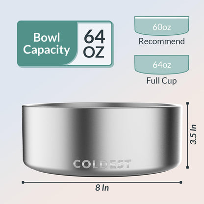 Coldest Dog Bowl - Anti Rust Metal, Non Slip, 3 Layers Insulated Stainless Steel Dog Bowls - Spill Proof & Heavy Duty - Water Bowl for Dogs, Cats, Dish Washer Safe (64 oz, Polished Stainless Steel)