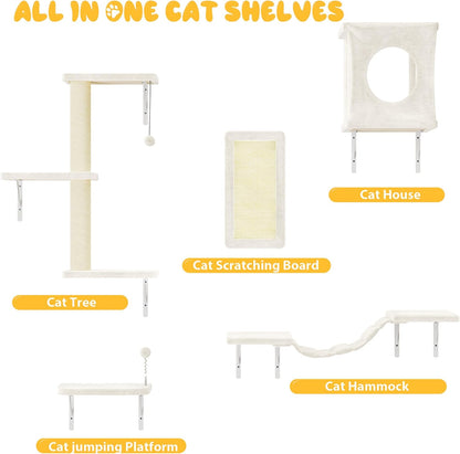 NUNU LAB Cat Wall Shelves, 10-in-1 Wall-Mounted Cat Furniture Set, Large Cat Climber Set with House, Bridge, Steps, Scratcher, DIY Playground, Shelves for Indoor Wall Furniture Set - Beige