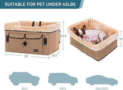 Petsfit Dog Booster Car Seat for Medium Dog or 2 Small Dogs with Patent Buckles, Washable Pad, Upgraded Pet Car Seat for Dogs Up to 45 lbs (Medium, Tan)