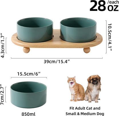 Ceramic Elevated Dog Bowls, Food and Water Bowls for Dogs, Puppy, Raised Dog Dish, Pet Feeder(6inch, 2 x Dark Green + Stand)