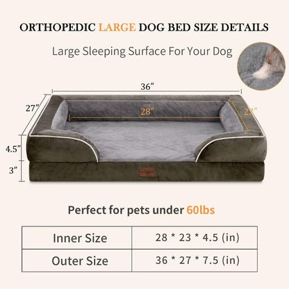 Comfort Expression Orthopedic Memory Foam Dog Beds, Waterproof Dog Beds Large Sized, Washable Dogs Beds with Removable Cover, Pet Sofa Couch with Bolster(Large,Olive Green)