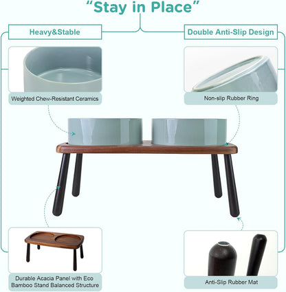 SPUNKYJUNKY Ceramic Elevated Dog Bowls Raised with Acacia Bamboo Wooden Stand, 8.3'' Dog Food Water Bowls Set Non-Slip for Medium Large Sized Breed Microwave Dishwasher Safe - 60 OZ,Light Green