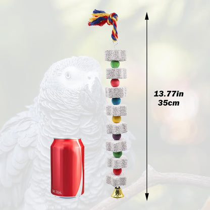 2 Pack Mineral Block Chew Toys with Colorful Beads and a Bell, Bird Beak Grinding Stone, Cage Accessories for African Grey, Budgies, Cockatiels, Small to Medium Birds