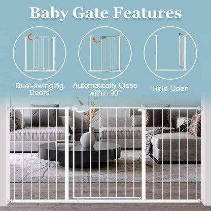 WAOWAO Triple Lock Baby Gate Extra Wide 49.21-53.14" Pressure Mounted Walk Through Swing Auto Close Safety White Metal Dog Pet Puppy for Stairs,Doorways,Kitchen