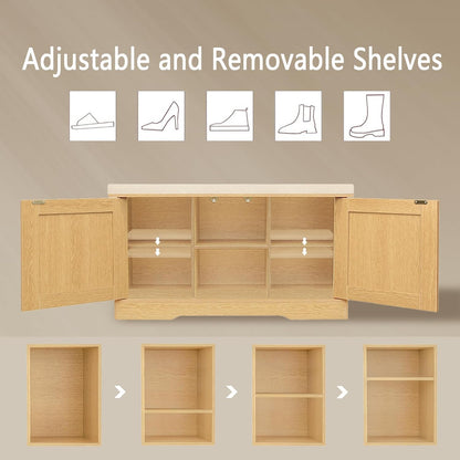 DINZI LVJ Shoe Bench, Entryway Storage Bench with Doors, Cushion, 2-Tier Shoe Rack with 6-Cubby, 31.5”L x 13.8”W Shoe Organizer Cabinet, Adjustable Shelf, Living Room, Bedroom, Natural