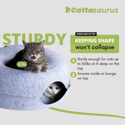 CATTASAURUS Peekaboo Cat Cave for Multiple & Large Cats Up to 30-45 Lbs, Scratch Detachable & Washable Tunnel Bed, Comfy Donut Cat Cave (Light Gray + Light Gray, Large)
