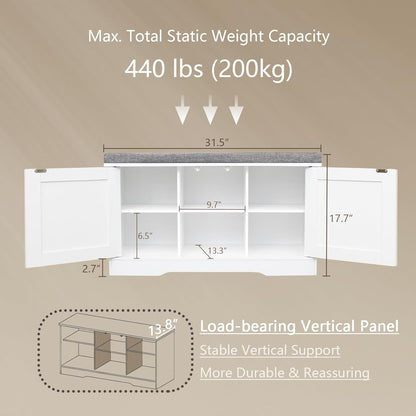 DINZI LVJ Shoe Bench, Entryway Storage Bench with Doors, Cushion, 2-Tier Shoe Rack with 6-Cubby, 31.5”L x 13.8”W Shoe Organizer Cabinet, Adjustable Shelf, Living Room, Bedroom, White