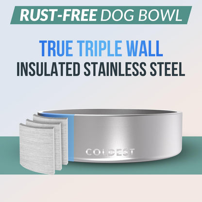 Coldest Dog Bowl - Anti Rust Metal, Non Slip, 3 Layers Insulated Stainless Steel Dog Bowls - Spill Proof & Heavy Duty - Water Bowl for Dogs, Cats, Dish Washer Safe (42 oz, Polished Stainless Steel)