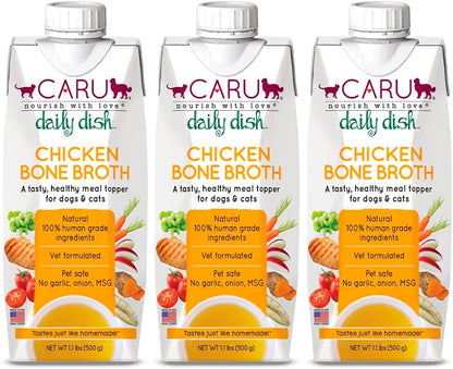 Caru - Daily Dish Chicken Bone Broth Meal Topper for Dogs & Cats - Savory Pour-Over Broth - 3 Pack