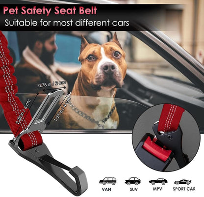 SlowTon Dog Seat Belt, Adjustable Dog Safety Belt Leash, 2 in 1 Latch Bar Attachment Dog Car Seatbelt with Elastic Nylon Bungee Buffer, Reflective Nylon Belt Tether Connect to Dog Harness (Red)