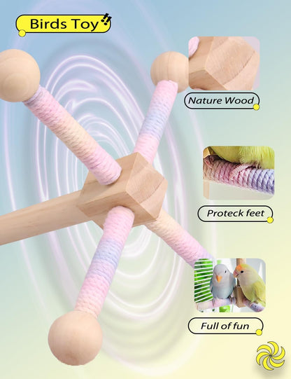 Bird Stand Perch Toy, 360° Rotating Natural Wooden Parrot Perch for Bird Cages, Colorful