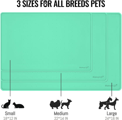 MateeyLife Dog & Cat Food Mat - Waterproof, Nonslip, Raised Edges, Silicone Tray for Messy Drinkers, 24"x16", Mint Green