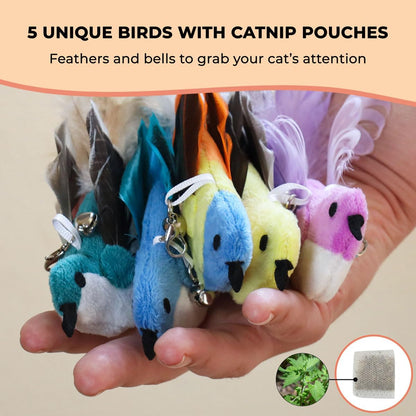 Interactive Catnip Bird Toy Set, Interactive Cat Toys for Indoor Cats, Cat Feather Toy, Suction Cup, Weighted Base, 5 Replacement Birds, Feathers & Bells, Realistic Bird Impression