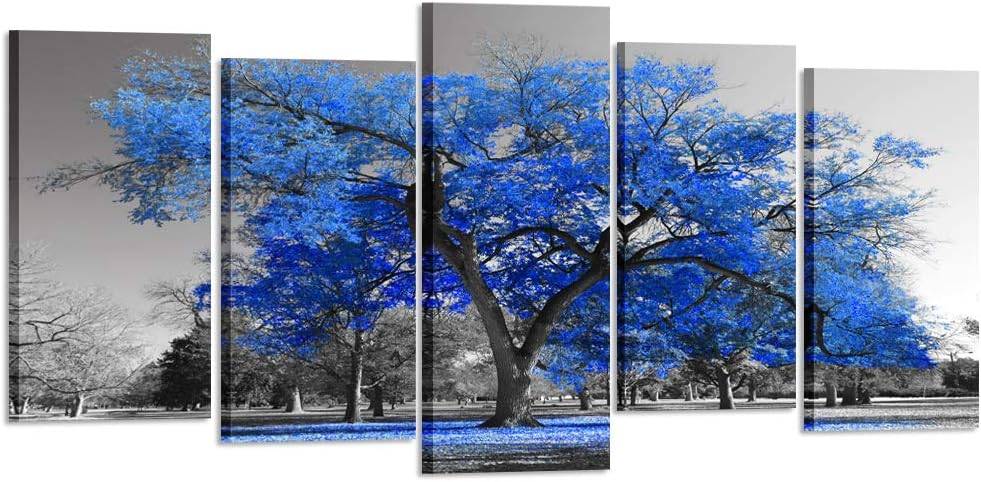 KREATIVE ARTS Canvas Print Wall Art Painting Contemporary Blue Tree In Black And White Style Fall Landscape Picture Modern Giclee Stretched And Framed Artwork (XLarge Size 80x40inch)