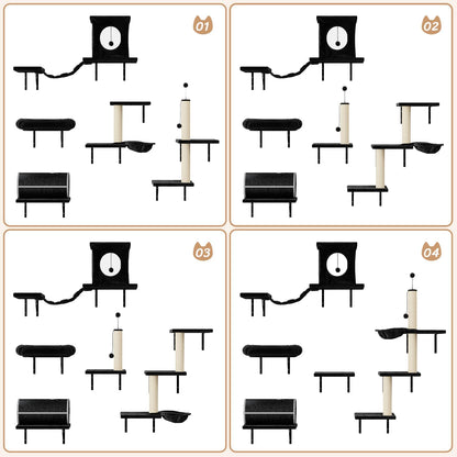 NUNU LAB Wall Mounted Cat Furniture, 7 Pcs Cat Wall Shelves with House, Tunnel, Bridge, Steps, Scratcher, Hammock, Bed, Indoor Safe & Stable Furniture for Kittens Play, Black