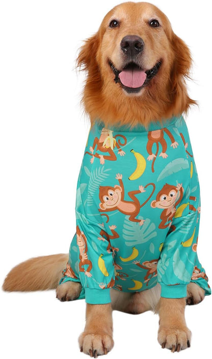 HDE Dog Pajamas One Piece Jammies Jumpsuit Pet Clothes Outfit Stretchy Lightweight Comfy Shirt Pjs for M-3XL Dogs Monkeying Around - 2XL