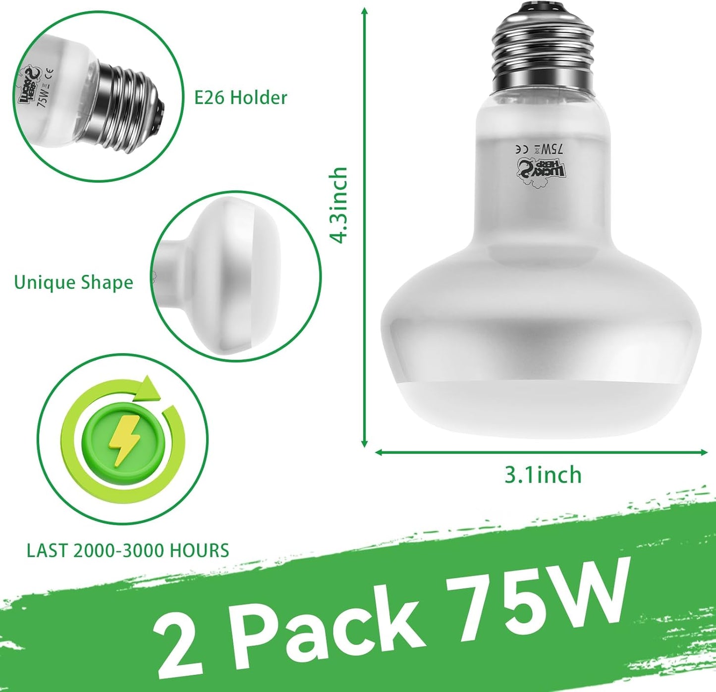LUCKY HERP Intense Heat Lamp Bulbs for Reptiles 75W 2 Pack, UVA Daylight Reptile Heat Lamp, Reptile Basking Heat Light Bulb for Amphibian, Tortoise, Bearded Dragon, Lizard, Turtle, Snake Heating Use