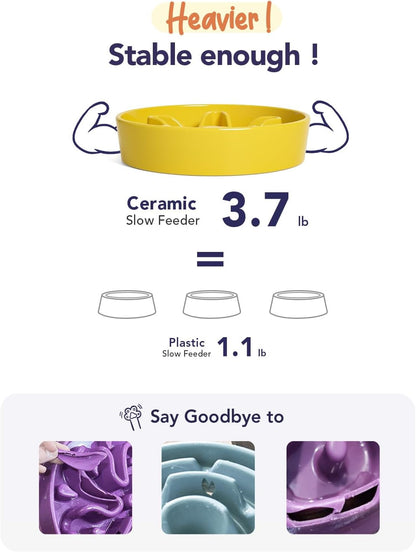 LE TAUCI Slow Feeder Dog Bowls Ceramic,3 Cups Slow Feeding Dog Bowl Medium Large Breed, Pet Bowl for Fast Eaters, Puzzle Pet Dishes, Star Yellow