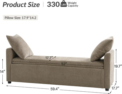 HULALA HOME Modern Storage Bench with Throw Pillows, 59.4" Extra Long Bedroom Ottoman Bench for End of Bed, Comfy Upholstered Footstool for Entryway Dining Room Living Room, Brown
