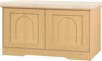 DINZI LVJ Shoe Bench, Entryway Storage Bench with Doors, Cushion, 2-Tier Shoe Rack with 6-Cubby, 31.5”L x 13.8”W Shoe Organizer Cabinet, Adjustable Shelf, Living Room, Bedroom, Natural