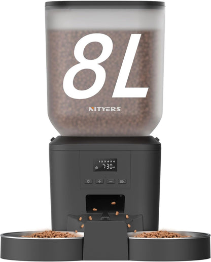 Automatic Cat Feeder for 2 Cats - 8L/34 Cups Large Capacity Auto Cat Food Dispenser with LCD Screen, 2 Food Trays, Timed Feeder, Up to 50 Portions 6 Meals Per Day, Keep Fresh
