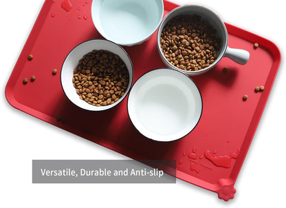 Hoki Found L Silicone Pet Food Mats Tray - Non Slip Pet Dog Cat Bowl Mats Placemat - Dog Pet Feeding Mat - Waterproof Dog Cat Food Mats -Pet Water Mats for Carpet - Classic red