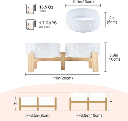 SPUNKYJUNKY Elevated Dog Bowls Ceramic, 5.1'' Dogs and Cat Food Water Bowls Raised with Non-Slip Bamboo Stand for Puppy Small Sized Breed Microwave Dishwasher Safe - 13.5 OZ,Paw White