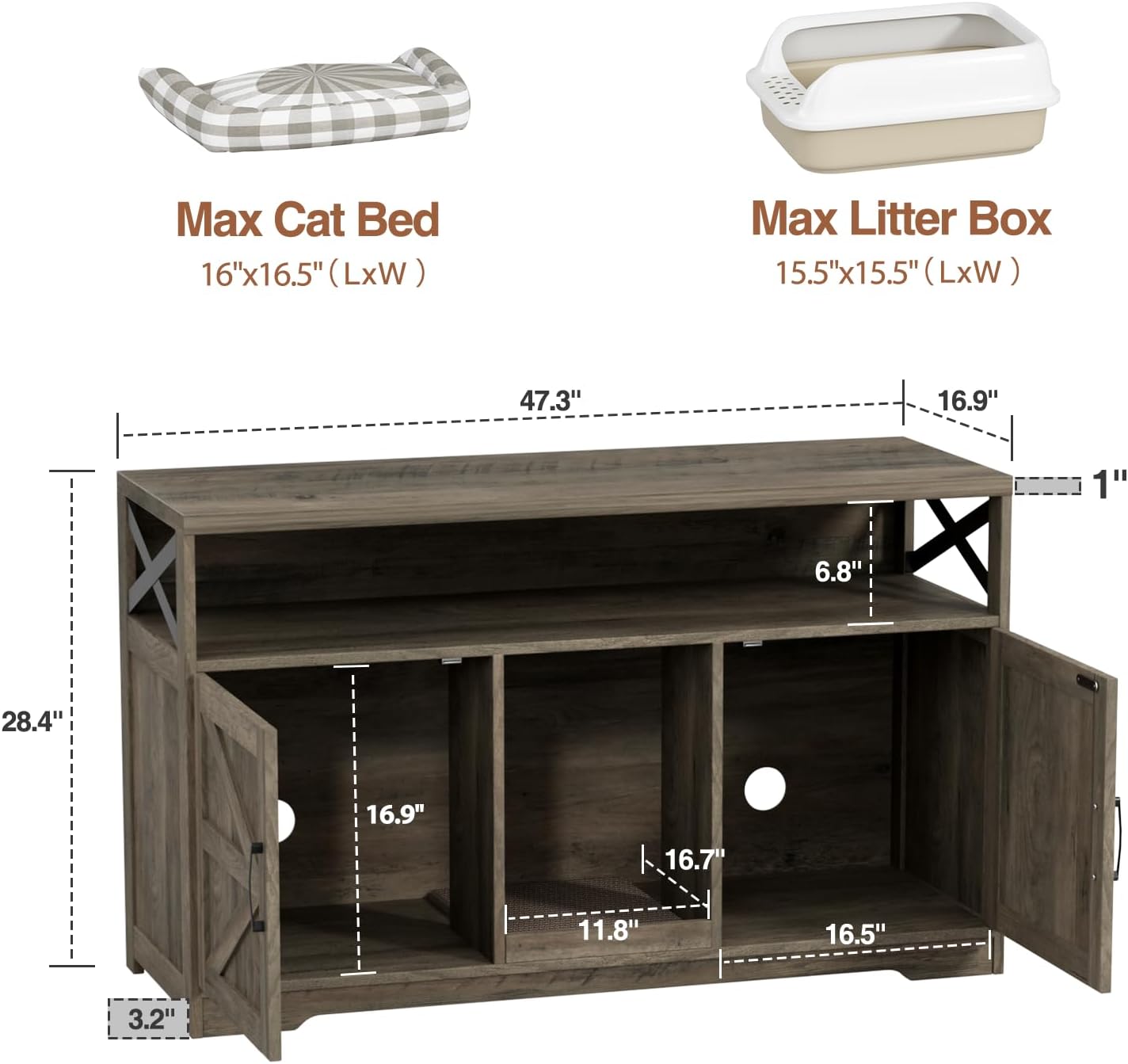Cat Litter Box Enclosure for 2 Cats, 47" Double Hidden Litter Box Furniture with Scratch Pad, Farmhouse Indoor Litter Box Cabinet Cat Washroom, Grey
