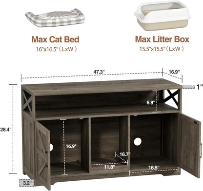 Cat Litter Box Enclosure for 2 Cats, 47" Double Hidden Litter Box Furniture with Scratch Pad, Farmhouse Indoor Litter Box Cabinet Cat Washroom, Grey