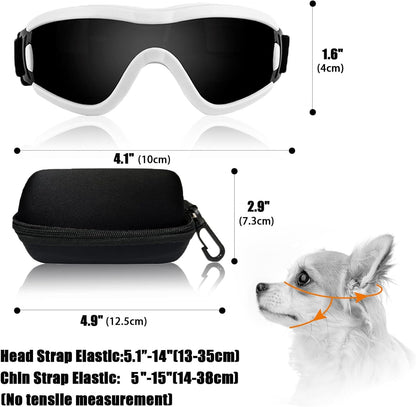 Dog Goggles Small Breed Dog Sunglasses with Adjustable for UV Protection Eyewear Doggy Doggie Puppy Glasses Anti-Fog Wind Dust Snowproof (White Frame Black Lens)