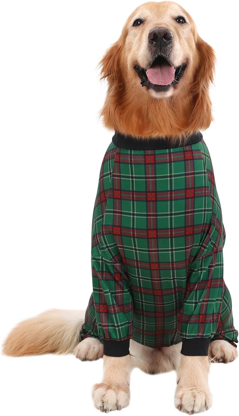 HDE Dog Pajamas One Piece Jammies Jumpsuit Pet Clothes Outfit Stretchy Lightweight Comfy Shirt Pjs for M-3XL Dogs Holiday Plaid - L