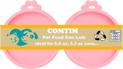 Comtim Cat Food Can Covers Lids for 5.5 oz Cans, 2 Pack Silicone Cat Food Can Lids for 5.5 oz 5.3 oz Cans...Pet Food Can Covers Reusable Can Toppers Savers for Wet Food (Pink)