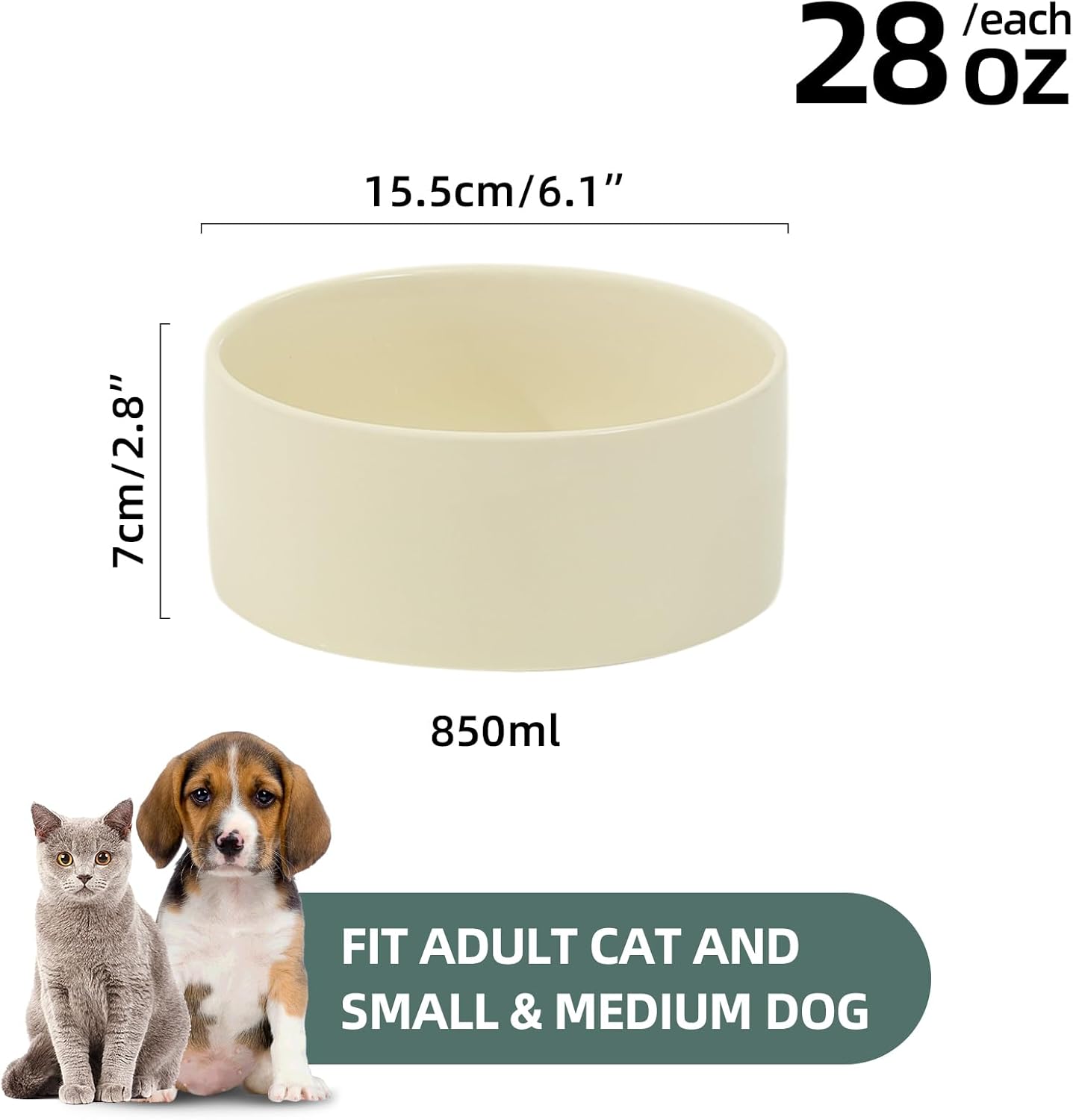 Ceramic 6.1inch Dog Bowls for Small and Medium Breed Dog Dish Pet Food and Water Bowl (Set of 2 Bowls - Beige, 28oz)