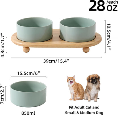 Ceramic Elevated Dog Bowls, Food and Water Bowls for Dogs, Puppy, Raised Dog Dish, Pet Feeder(6inch, 2 x Light Green + Stand)