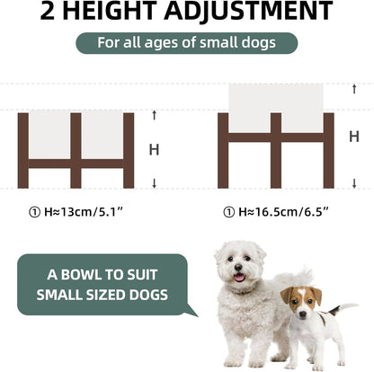 Ceramic 6.1inch Raised Dog and Cat Bowl Set, 2 Heights Elevated with Acacia Wood Stand, Food and Water Bowl for Small Breed Dogs, Weighted Dog Dishes(27oz, Arctic White)