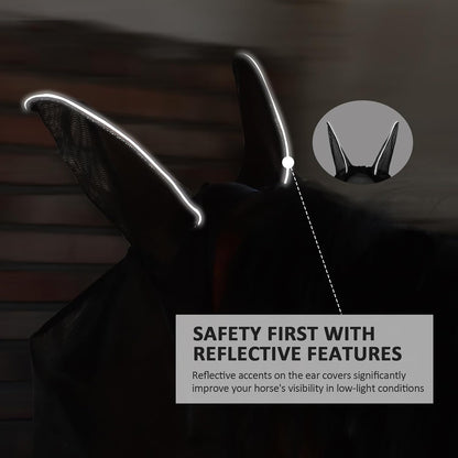 Horse Fly Mask Large Space Breathable UV Protection Equine Mask with Reflective Features on Ears Mars Black M