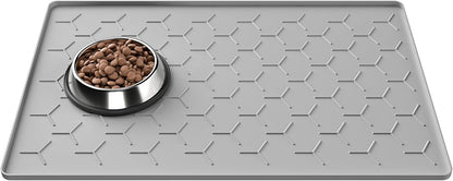 Pieviev Dog Cat Food Bowl Mat, Silicone Waterproof Food Grade Pet Food Mat for Floor, High Raised Edge to Prevent Spills, Non-Slip & Easy Clean Pet Placemat for Dog & Cat Bowls, 34''x22'', Light Gray