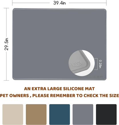 KVK Dog Food Mat, 39.4×29.5in Extra Large Silicone Pet Feeding Mat - Waterproof, Non - Slip, Chew - Resistant for Food & Water, Protect Floors (Light Gray)