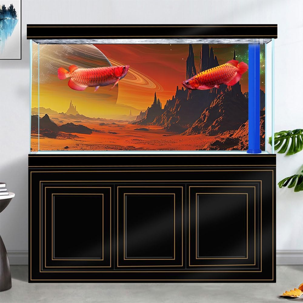 Cosmic Mars Aquarium Background,Galaxy Cool Parallel Space Themed Fish Tank Background, Tropical Desert Terrarium Background 48X18IN with 8 EVA Double-Sided Tape