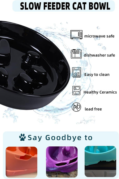 Slow Feeder Cat Bowls, Ceramic Fun Slow Eater Bowl for Cats (Black)