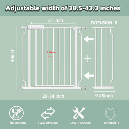 TSAYAWA Extra Wide Baby Gate with Door,38.5-43.3 Inch Walk Through Large Long Child Gates for Stair Doorway - Indoor TSAYAWA Outdoor Safty Gate for Toddler Pet Dog Doggie White
