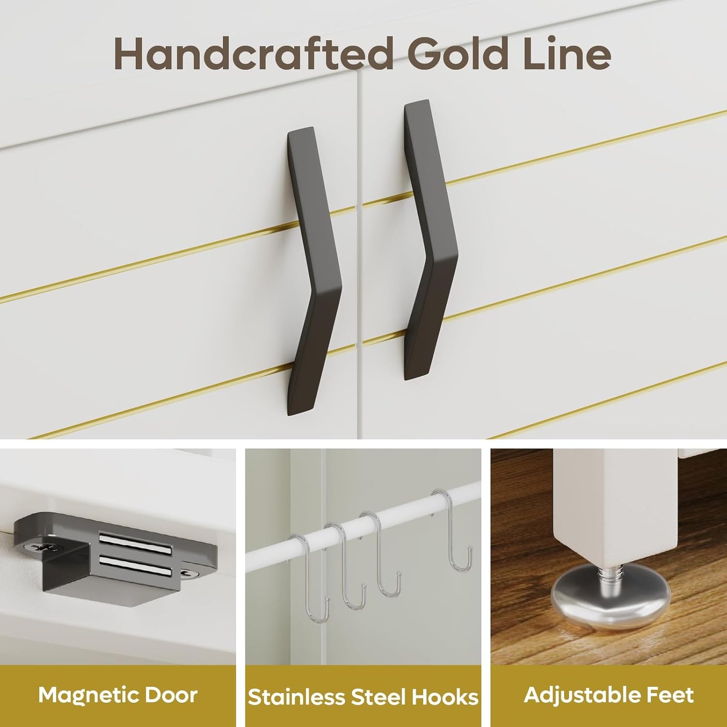 Bestier 20-29 Gallon Fish Tank Stand with Power Outlets, Metal Long Aquarium Stand with Storage Cabinet, 31x15 Reptile Terrarium Stand with Horizontal Gold Line, Stainless Hooks, 350 Lbs(White)