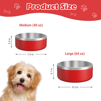 LIANLAI Dog Bowls, Rust-Resistant Stainless Steel Dog Bowls, Non-Slip Double-Walled Pet Dishes, Dishwasher Safe (Red，40 oz)