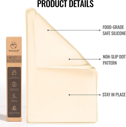 MateeyLife Dog & Cat Food Mat, Waterproof & Nonslip Silicone Feeding Mats for Dogs and Cats, Raised Edge Tray for Messy Drinkers, 18"x12", Beige