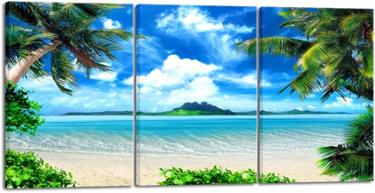 Wieco Art 3 Piece Blue Sea Beach Canvas Prints Modern Stretched Wall Art Seascape Pictures Paintings for Living Room Bedroom Home Decorations Modern Landscape Artwork