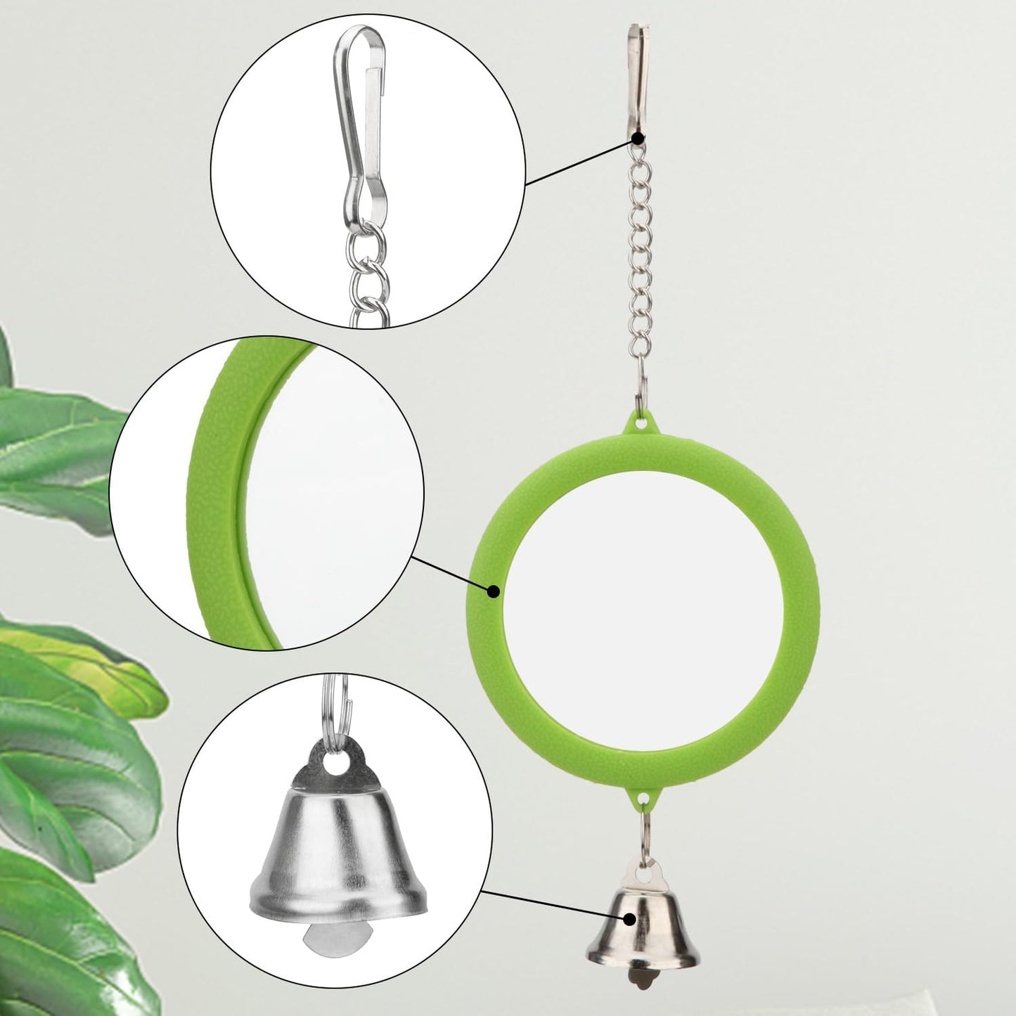 Hypeety Pet Bird Mirror with Bell Interactive Parrot Toy Bird Cage Mirror for Cockatiel Parakeets Canaries Budgie (Green)