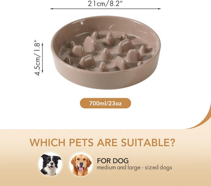 Ceramic 8.2 inch Dog Bowl Slow Feeder, Slow Pet Food Dish for Medium and Large Dog, Stop Bloat, Preventing Choking(Single Bowl, Brown Coffee)