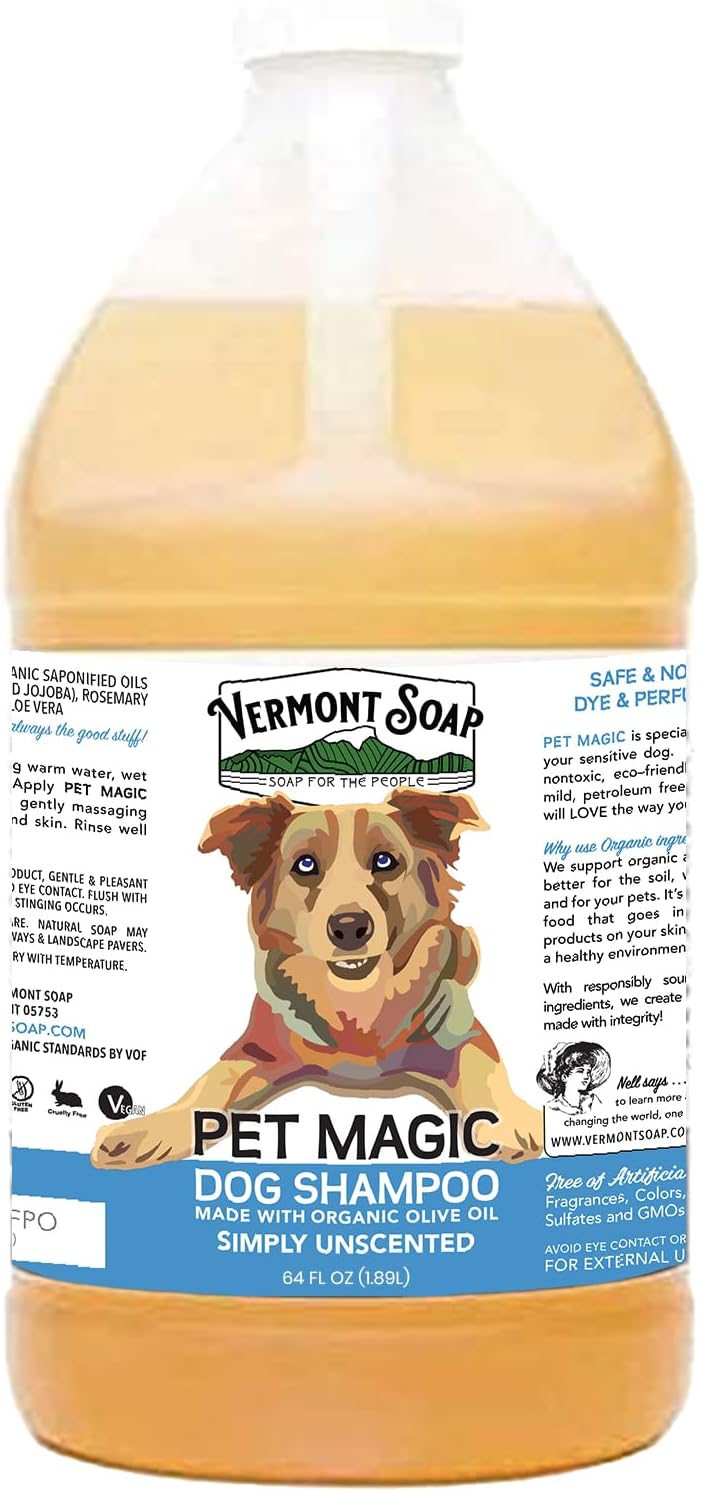 VERMONT SOAP Organics Pet Shampoo - Infused with Organic & Natural Olive Oil, Coconut & Aloe Vera Dog Shampoo for Sensitive Skin - USDA Certified Grooming, Unscented (64oz)