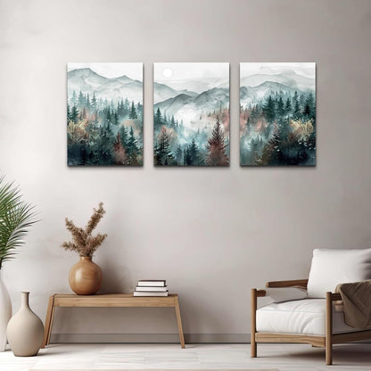 TTHYUEWS Wall Art For Living Room Farmhouse Wall Decor For Bedroom Wall Pictures for Office Fog Forest Mountain Landscape Watercolour Wall Paintings Artwork Ready To Hang Home Decorations 3 Piece